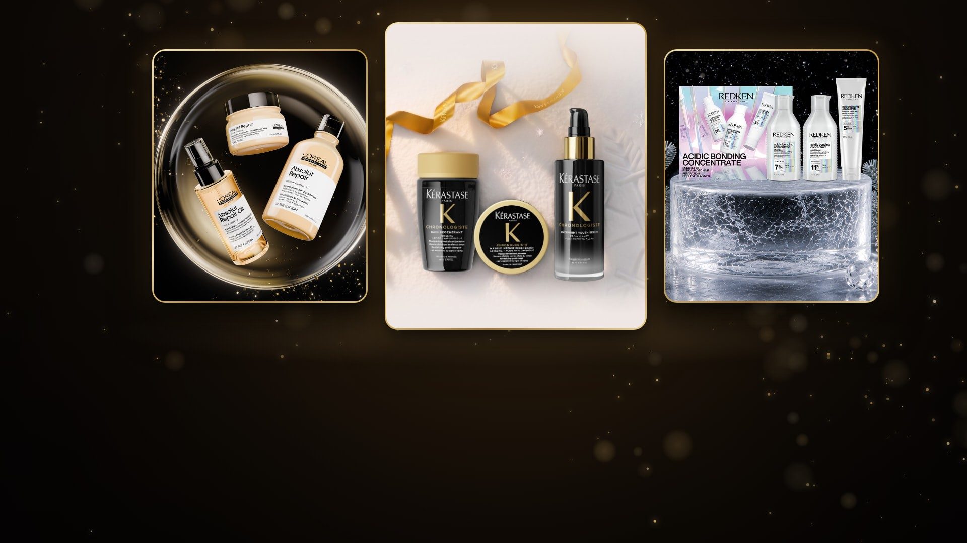 Tři produktové sady prémiové péče o vlasy Kérastase, L'Oréal Professionnel a Redken na tmavém pozadí s hvězdami