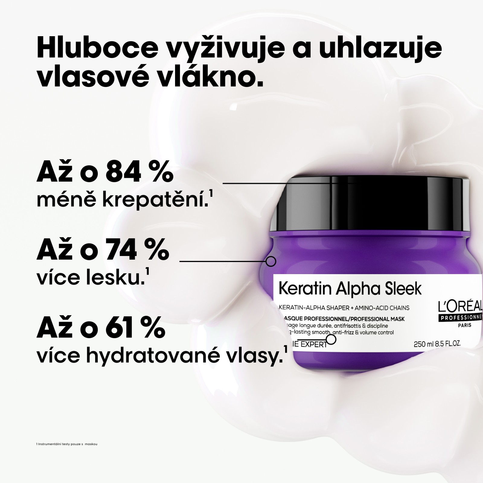 L'Oréal Keratin Alpha Sleek maska na vlasy v purpurové nádobě s údaji o účinnosti