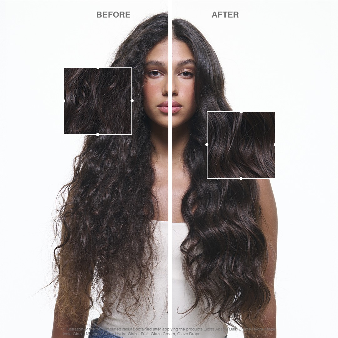 Před a po fotografie kadeřnického výkonu - vyhlazení a oživení dlouhých černých vlasů